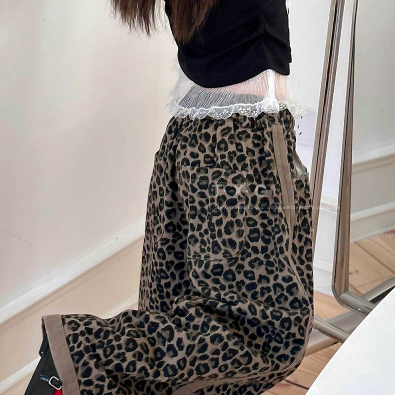 Hlače od denima s leopard printom za djevojčice, korejski stil, materijal od pamukove smjese, srednji pojas, elastični pojas