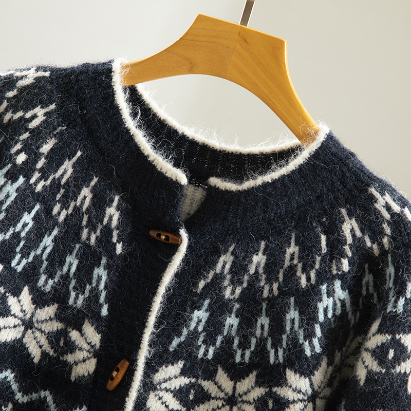 Női kapucnis vastag kötött jacquard pulóverdzseki, akril-poliészter keverék, A-vonalú szabás, hosszú ujjú, téli 2025