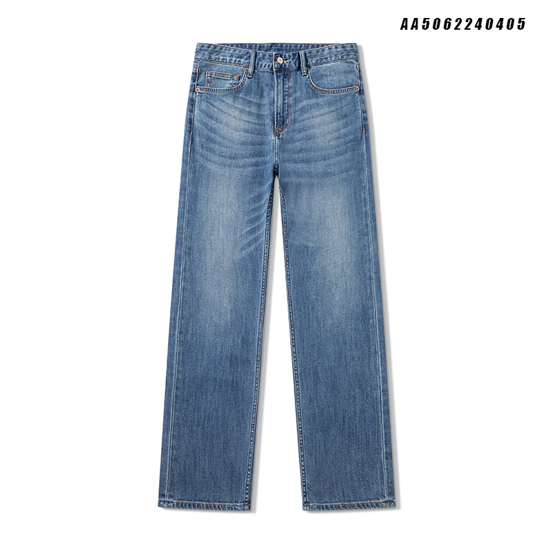 Muške traperice ravnog kroja, visok pojas, pamukasti denim, enzimsko pranje, završni finiš i višestruki džepovi, zatvarač