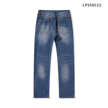 Férfi farmernadrág, egyenes szabású, magas derék, cipzáras záródás, pamut denim, enzimes és homokos mosás