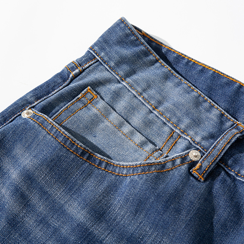 Férfi farmernadrág, egyenes szabású, magas derék, cipzáras záródás, pamut denim, enzimes és homokos mosás