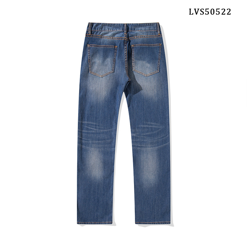 Férfi farmernadrág, egyenes szabású, magas derék, cipzáras záródás, pamut denim, enzimes és homokos mosás