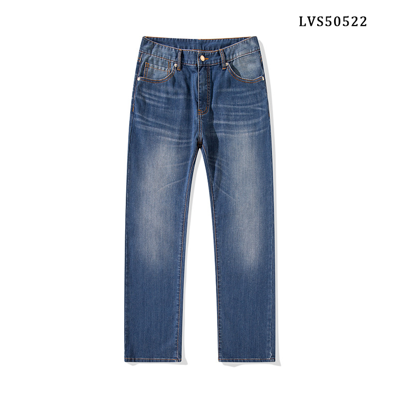 Férfi farmernadrág, egyenes szabású, magas derék, cipzáras záródás, pamut denim, enzimes és homokos mosás