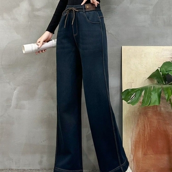 Blugi de iarnă cu talie înaltă, căptuți cu fleece, croială lejeră cu picioare largi, material poliester, stil casual japonez-coreean, iarna 2025