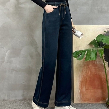 Blugi de iarnă cu talie înaltă, căptuți cu fleece, croială lejeră cu picioare largi, material poliester, stil casual japonez-coreean, iarna 2025