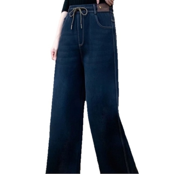 Blugi de iarnă cu talie înaltă, căptuți cu fleece, croială lejeră cu picioare largi, material poliester, stil casual japonez-coreean, iarna 2025