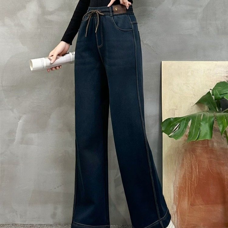 Blugi de iarnă cu talie înaltă, căptuți cu fleece, croială lejeră cu picioare largi, material poliester, stil casual japonez-coreean, iarna 2025