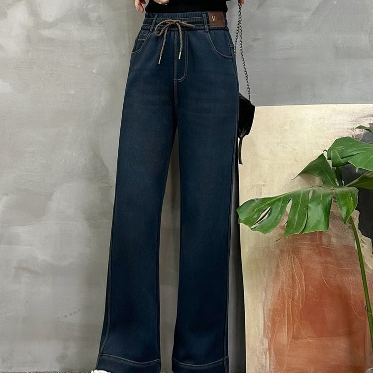 Blugi de iarnă cu talie înaltă, căptuți cu fleece, croială lejeră cu picioare largi, material poliester, stil casual japonez-coreean, iarna 2025