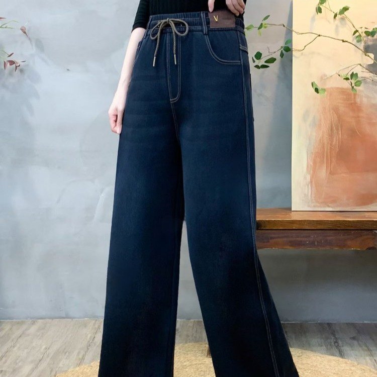 Blugi de iarnă cu talie înaltă, căptuți cu fleece, croială lejeră cu picioare largi, material poliester, stil casual japonez-coreean, iarna 2025