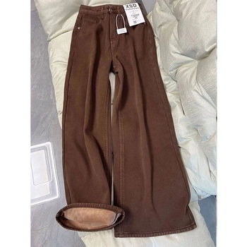 Jeansi denim largi pentru femei cu căptușeală de fleece, talie înaltă – toamnă 2024