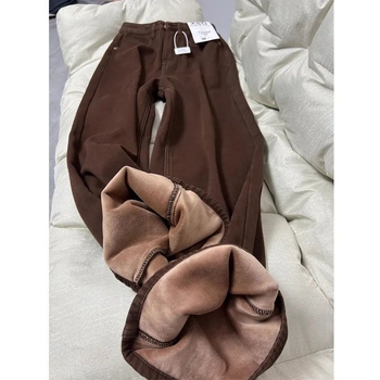 Jeansi denim largi pentru femei cu căptușeală de fleece, talie înaltă – toamnă 2024