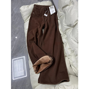 Jeansi denim largi pentru femei cu căptușeală de fleece, talie înaltă – toamnă 2024