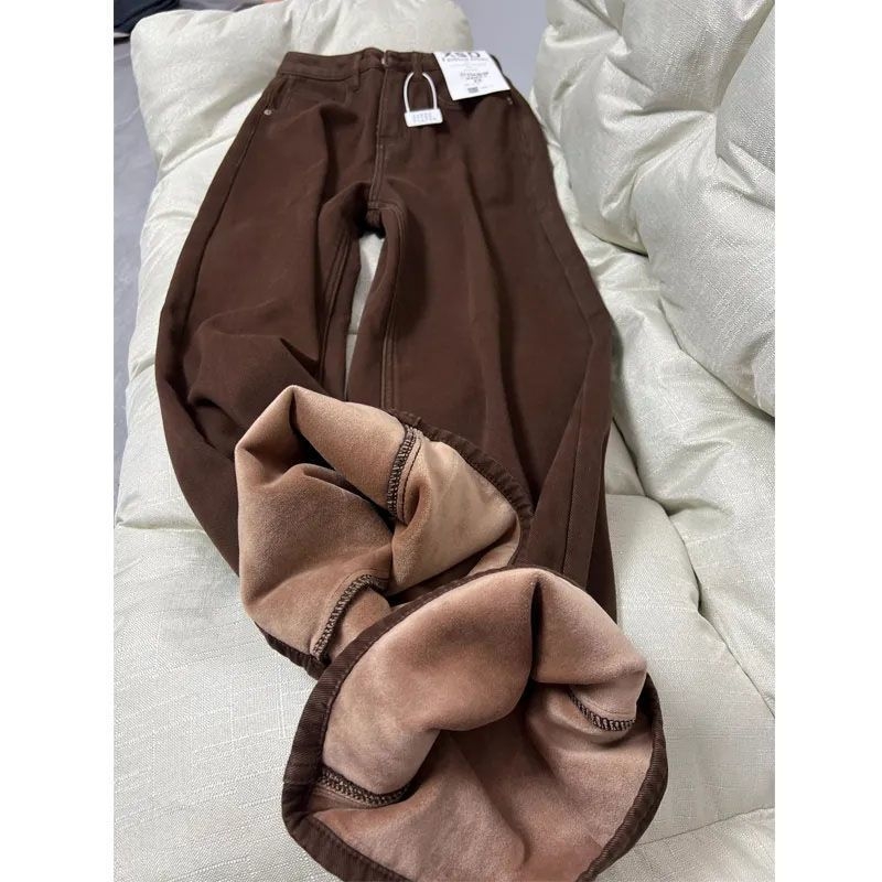 Jeansi denim largi pentru femei cu căptușeală de fleece, talie înaltă – toamnă 2024