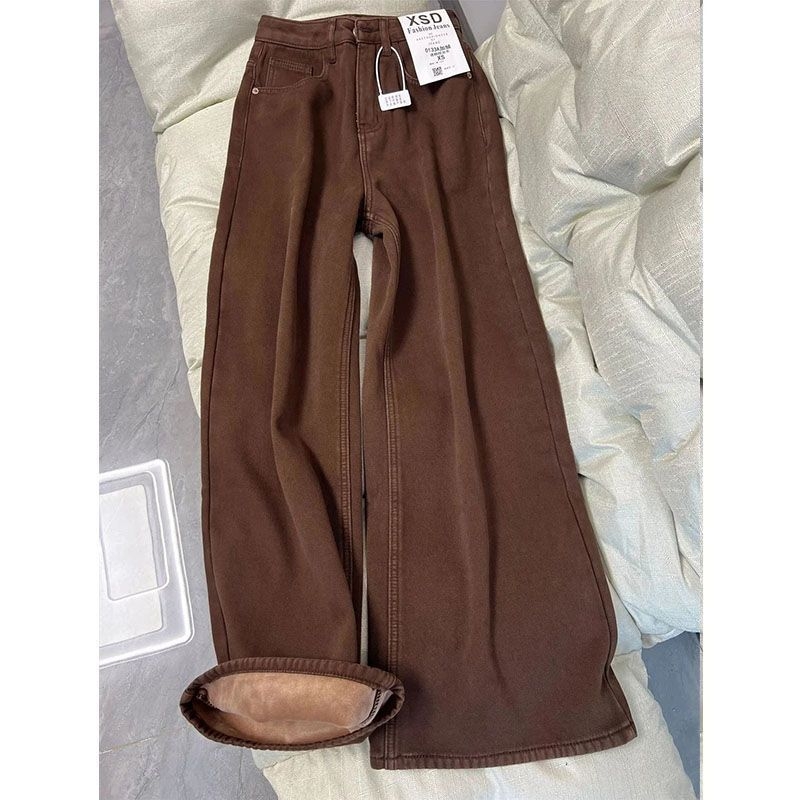 Jeansi denim largi pentru femei cu căptușeală de fleece, talie înaltă – toamnă 2024