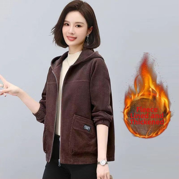 Geacă scurtă de damă, cu fleece, căptușită, cu glugă, croială casual, mâneci 3/4, stil retro-literar, PVC