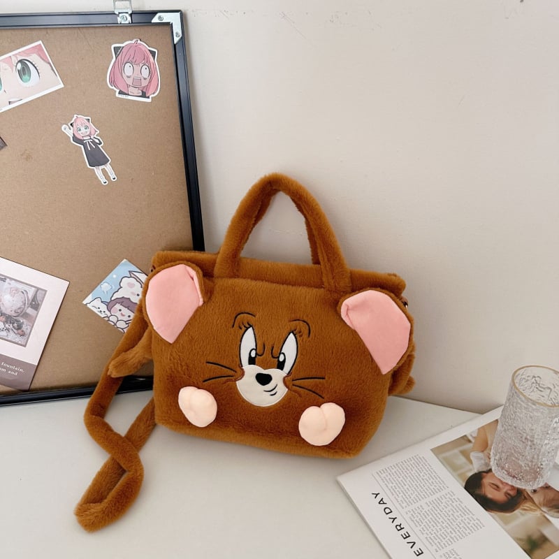 Geantă Tote rotundă din pluș, închidere cu fermoar, buzunar interior cu fermoar și bretele duble