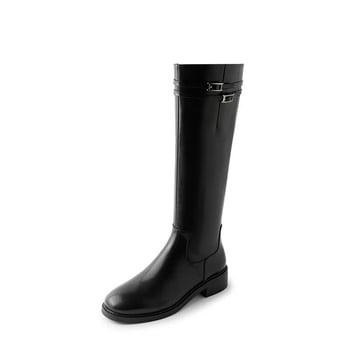Ghete pentru femei până la genunchi, vârf rotund, toc gros 3–5 cm, fermoar lateral, partea superioară Super Fiber