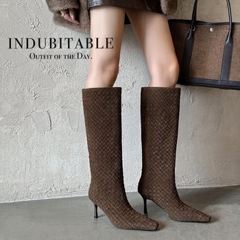 Női nubuk velúr magas szárú csizma, négyszögletes orrú, stiletto 6–8 cm, gumitalp