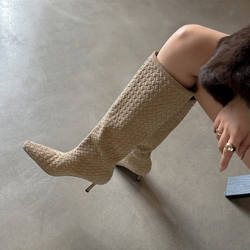 Női nubuk velúr magas szárú csizma, négyszögletes orrú, stiletto 6–8 cm, gumitalp