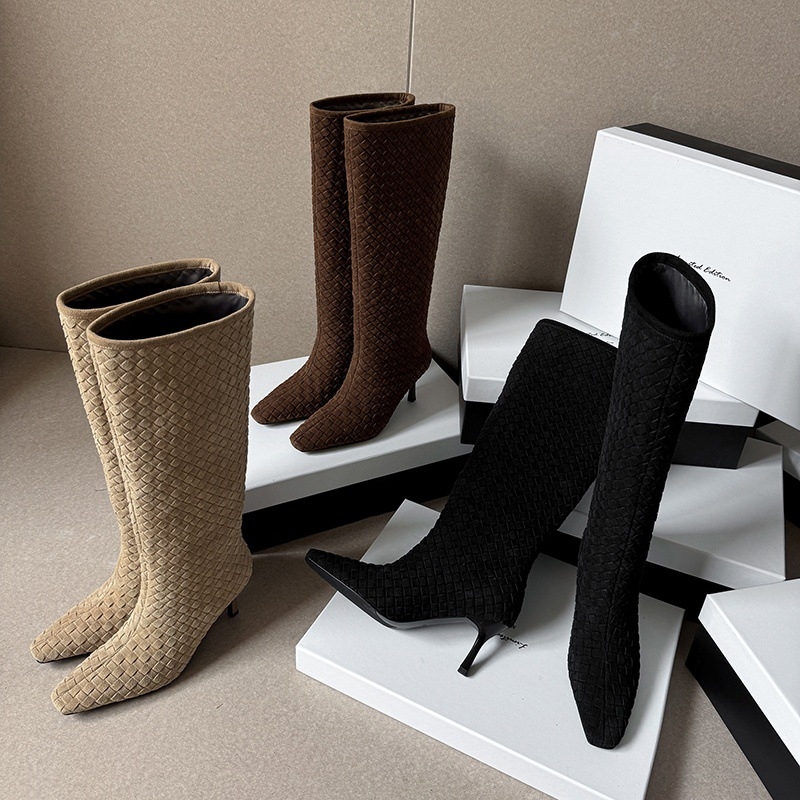 Női nubuk velúr magas szárú csizma, négyszögletes orrú, stiletto 6–8 cm, gumitalp