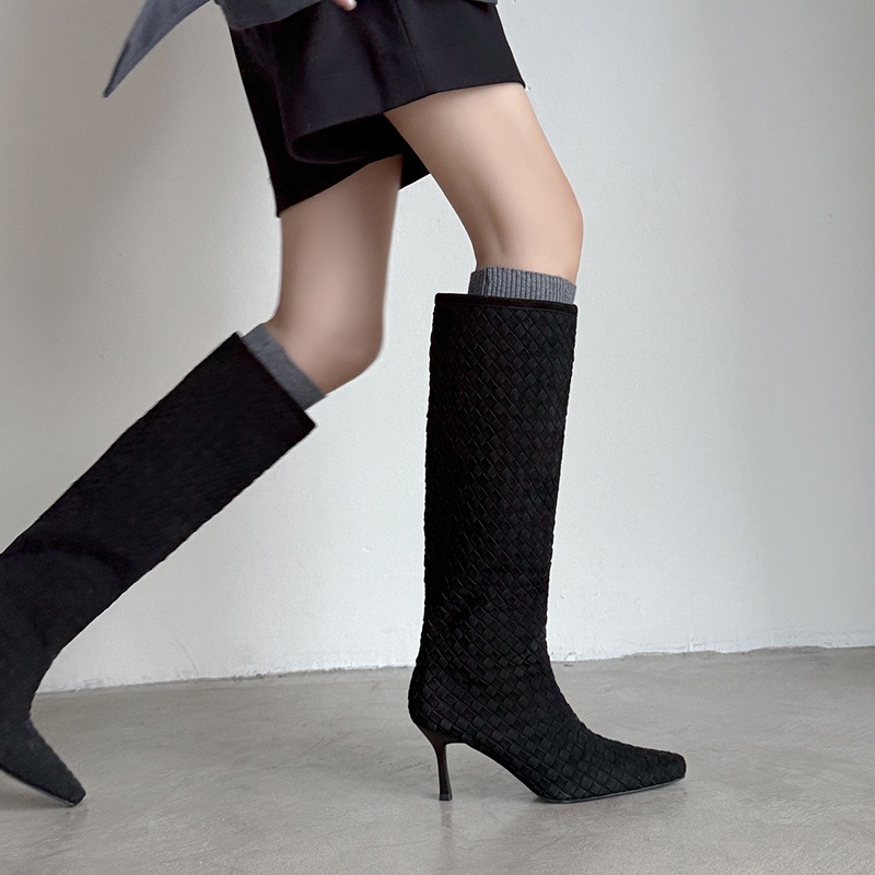 Női nubuk velúr magas szárú csizma, négyszögletes orrú, stiletto 6–8 cm, gumitalp