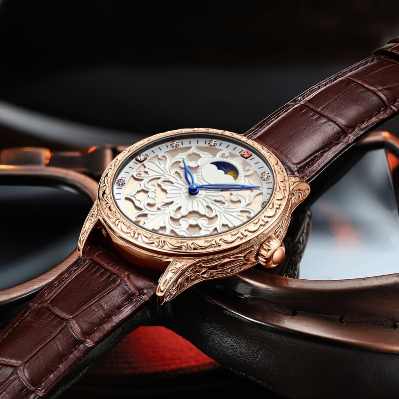 Óra – Mechanikus mozgás, Duke rosa, Mechanikus mozgás modell, Valódi bőr szíj, Ötvözet tok