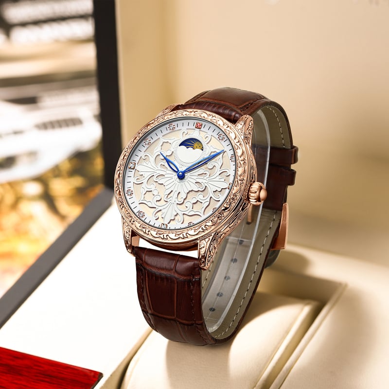 Óra – Mechanikus mozgás, Duke rosa, Mechanikus mozgás modell, Valódi bőr szíj, Ötvözet tok