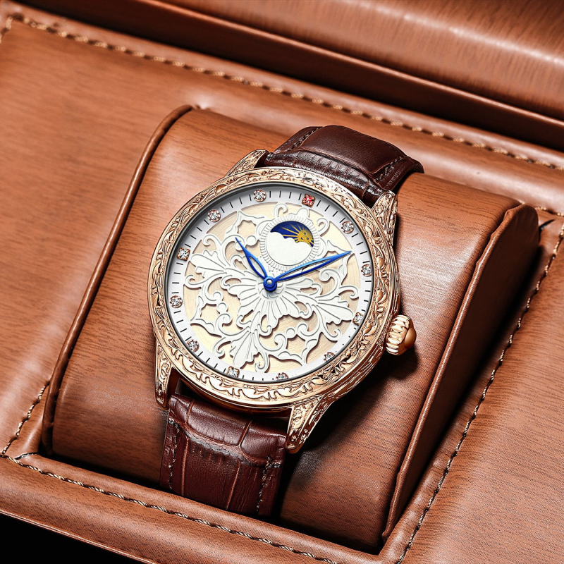 Óra – Mechanikus mozgás, Duke rosa, Mechanikus mozgás modell, Valódi bőr szíj, Ötvözet tok