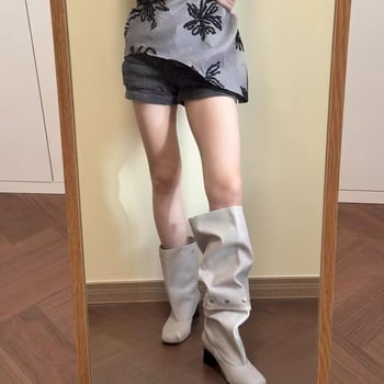 Botine de damă - exterior microfibră, înălțime înaltă a gambelor, vârf rotund, toc gros, slip-on