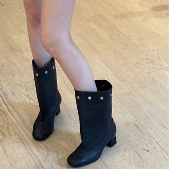 Botine de damă - exterior microfibră, înălțime înaltă a gambelor, vârf rotund, toc gros, slip-on