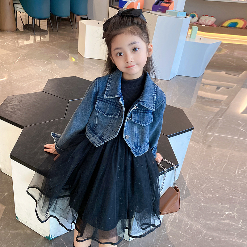 Lányoknak szóló kétrészes készlet: Koreai stílusú denim dzseki és gézszoknya, tavasz–ősz, 3–8 évesek