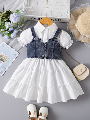 Lányoknak szóló puffos ujjú ruha denim mellénnyel — két darabos készlet, légáteresztő poliészter.