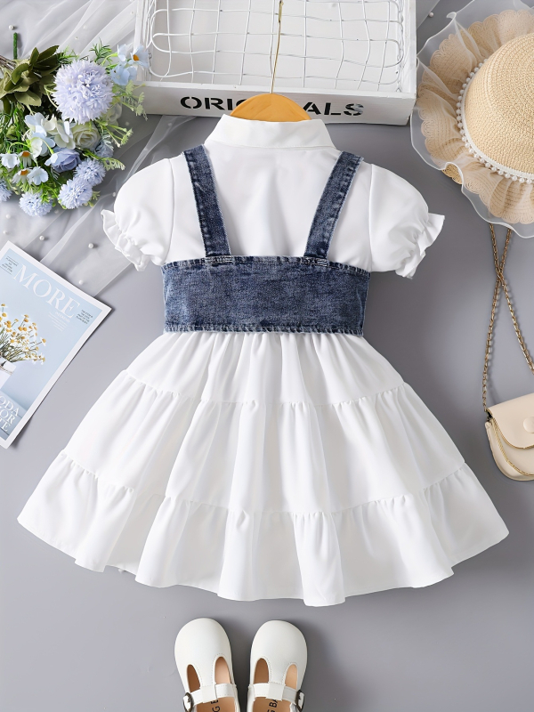 Lányoknak szóló puffos ujjú ruha denim mellénnyel — két darabos készlet, légáteresztő poliészter.