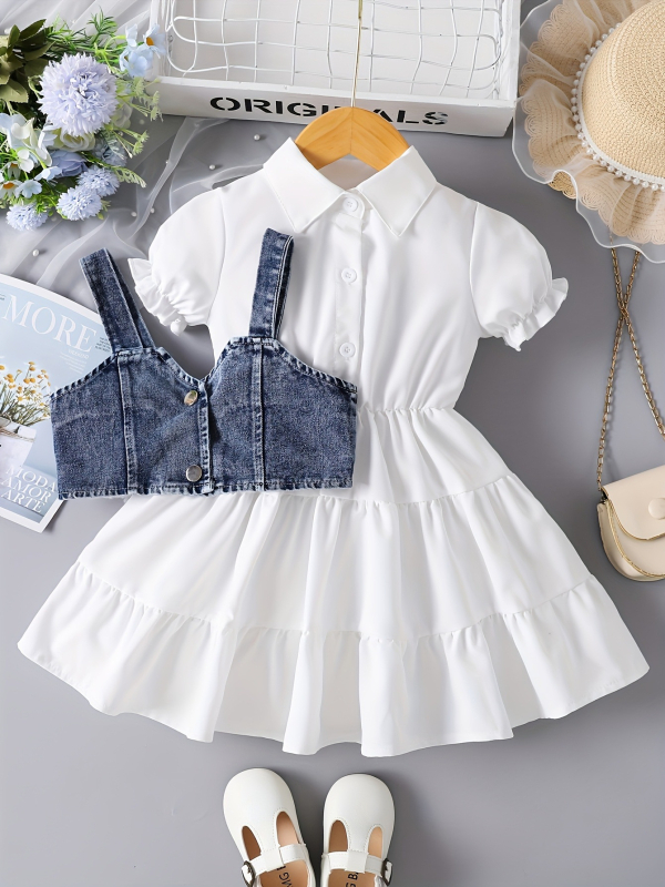 Lányoknak szóló puffos ujjú ruha denim mellénnyel — két darabos készlet, légáteresztő poliészter.