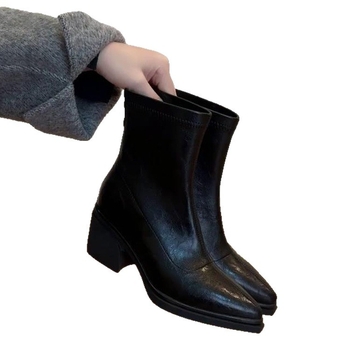Ženske čizme s oštrim vrhom, debelim petom 6–8 cm, niski kroj, retro stil, sa stražnjim zipom