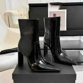 Дамски модни ботуши с остър нос, дебел висок ток над 8 см, страничен цип, подметка от гума