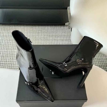 Дамски модни ботуши с остър нос, дебел висок ток над 8 см, страничен цип, подметка от гума