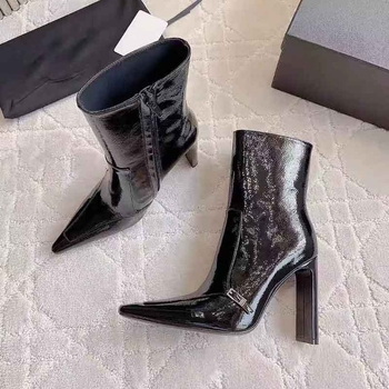 Дамски модни ботуши с остър нос, дебел висок ток над 8 см, страничен цип, подметка от гума