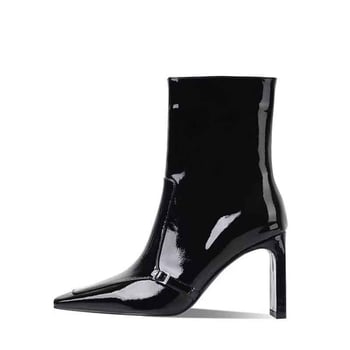 Дамски модни ботуши с остър нос, дебел висок ток над 8 см, страничен цип, подметка от гума