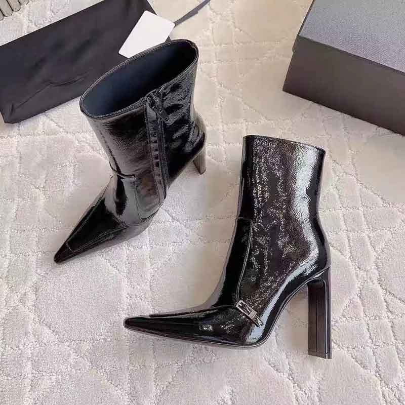 Дамски модни ботуши с остър нос, дебел висок ток над 8 см, страничен цип, подметка от гума