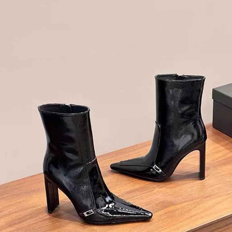 Дамски модни ботуши с остър нос, дебел висок ток над 8 см, страничен цип, подметка от гума