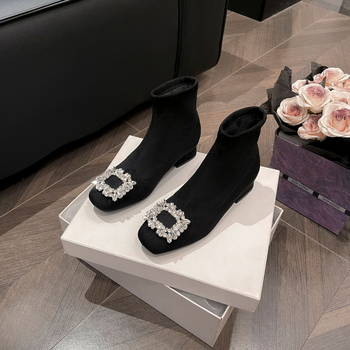 Ghete de damă cu toc mediu, stil franțuzesc, vârf pătrat, din velur cu cristale, toc 3-5 cm