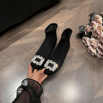 Ghete de damă cu toc mediu, stil franțuzesc, vârf pătrat, din velur cu cristale, toc 3-5 cm