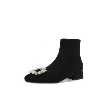 Ghete de damă cu toc mediu, stil franțuzesc, vârf pătrat, din velur cu cristale, toc 3-5 cm