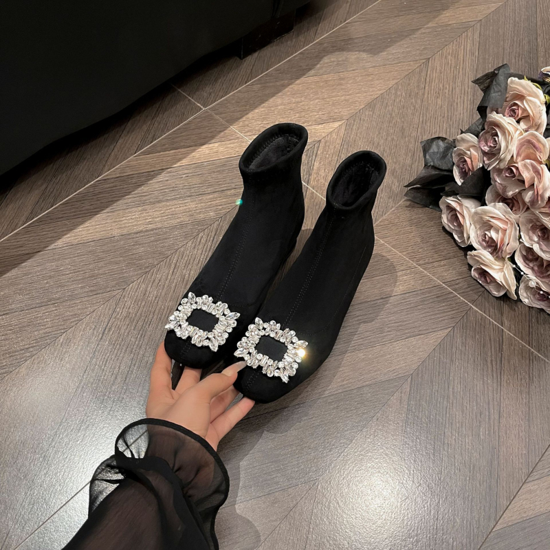 Ghete de damă cu toc mediu, stil franțuzesc, vârf pătrat, din velur cu cristale, toc 3-5 cm