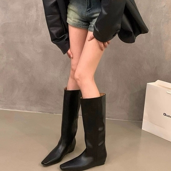 Cizme de călărie din piele naturală pentru femei, cu creștere ascunsă a înălțimii, vârf pătrat, gambă înaltă, toc în formă de cui
