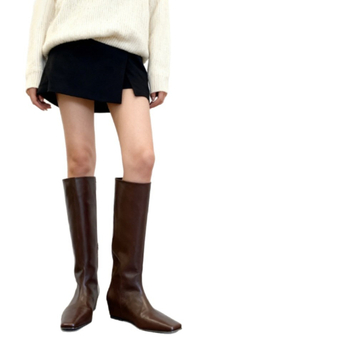 Cizme de călărie din piele naturală pentru femei, cu creștere ascunsă a înălțimii, vârf pătrat, gambă înaltă, toc în formă de cui