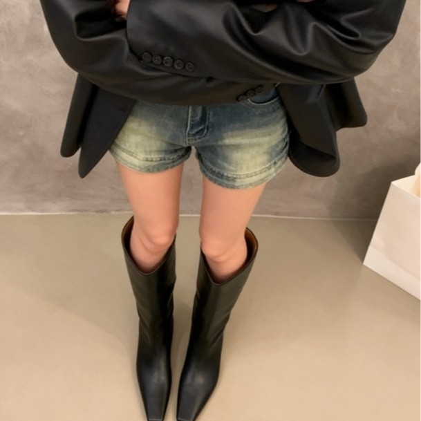 Cizme de călărie din piele naturală pentru femei, cu creștere ascunsă a înălțimii, vârf pătrat, gambă înaltă, toc în formă de cui