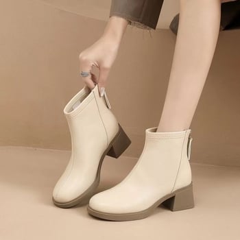 Női Slim csizma mesterséges PU felsőrész, négyszögletes orr, vastag sarkú, hátul cipzár, alacsony szár (sarokmagasság 3–5 cm)