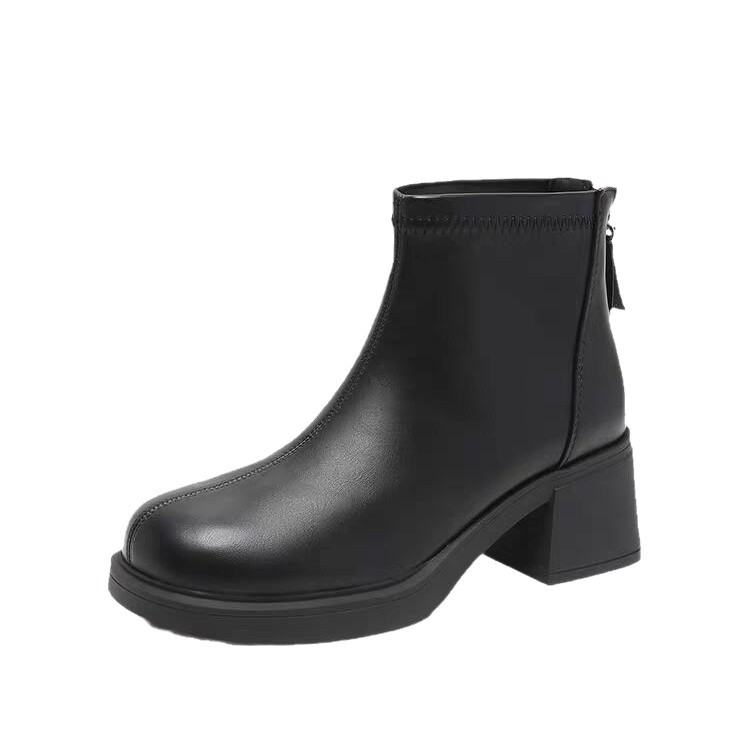 Női Slim csizma mesterséges PU felsőrész, négyszögletes orr, vastag sarkú, hátul cipzár, alacsony szár (sarokmagasság 3–5 cm)